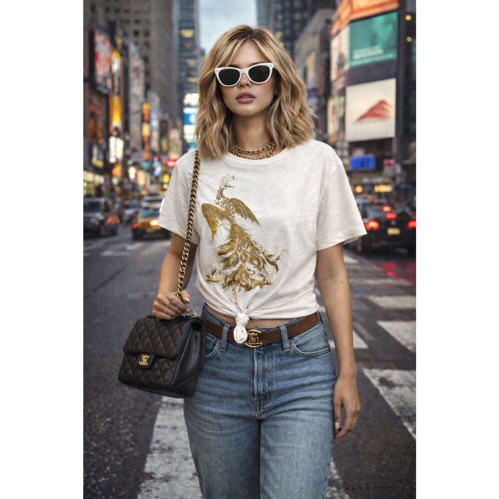 Lauren Ralph Lauren White Graphic Peacock Tee Gold Foil Cool Girl Americana XL